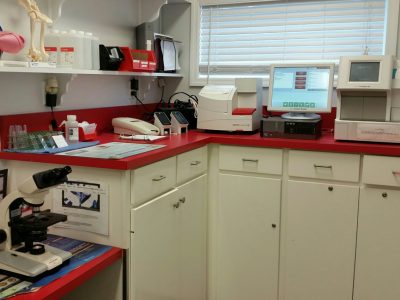 The lab in the back of the clinic. Pictured are various medical devises used in diagnosing medical problems